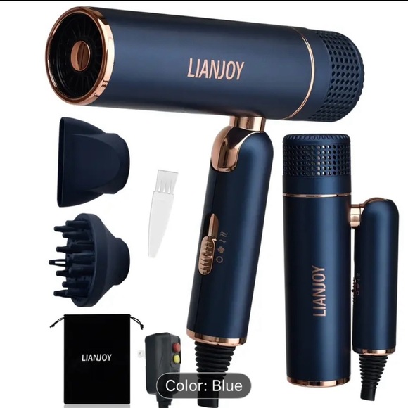 New Foldable Hair Dyer Blue Lightweight 2 Heat Settings Includes Travel Bag - Picture 2 of 10